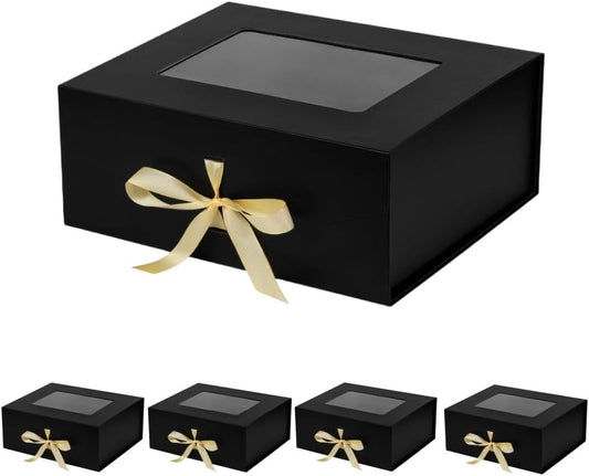 5 Pcs Black Gift Box for Presents with Ribbon 13.2x11x5.3 Inches Clear Gift Box with Window Magnetic Closure Gift Boxes with Lids
