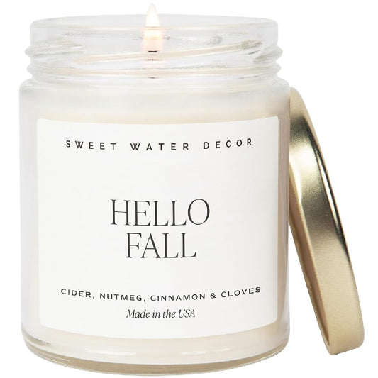 Sweet Water Decor Hello Fall Candle | Cinnamon, Apples, and Clove Autumn Scented Soy Candles for Home | Halloween Fall Candle 9oz Clear Jar, 40 Hour Burn Time, Made in The USA