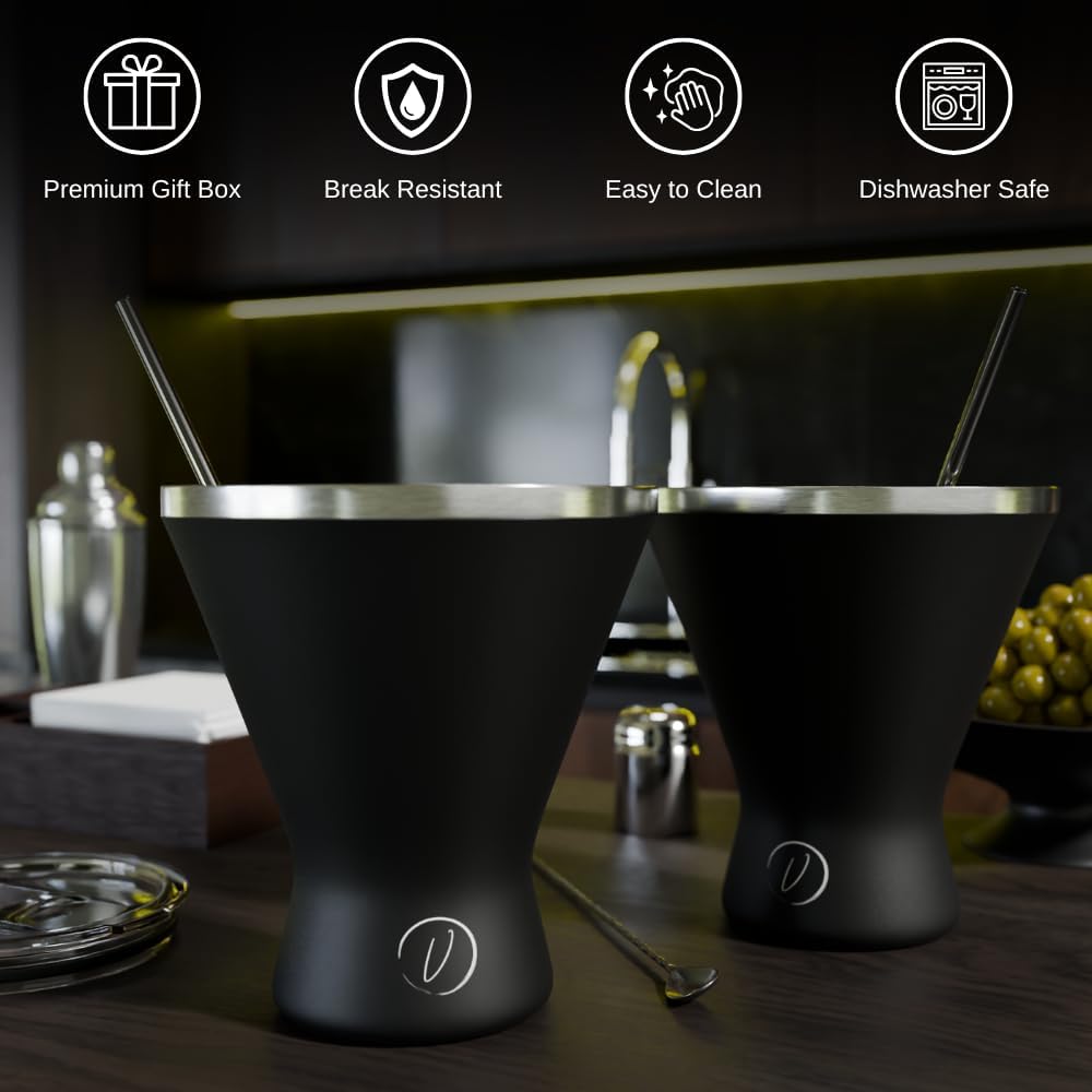 Stainless Steel Martini Glass [Pack of 2] – 10oz Black, Powder Coated, No Sweat, Double Wall Margarita Tumbler for Cocktails and Cold Drinks | Perfect for Mother's Day Gift