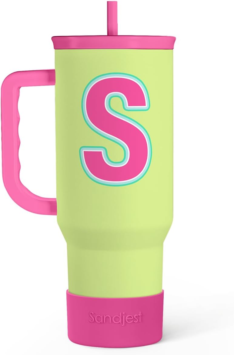 SANDJEST Monogrammed Tumbler with Handle 40oz, Letter S Tumblers Coffee Travel Cup with Straw, Personalized Monogram Initial Gifts for Women Girls, Customized Gifts for Christmas Birthday Mothers Day