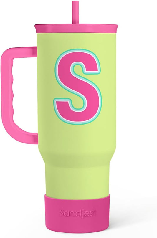 SANDJEST Monogrammed Tumbler with Handle 40oz, Letter S Tumblers Coffee Travel Cup with Straw, Personalized Monogram Initial Gifts for Women Girls, Customized Gifts for Christmas Birthday Mothers Day