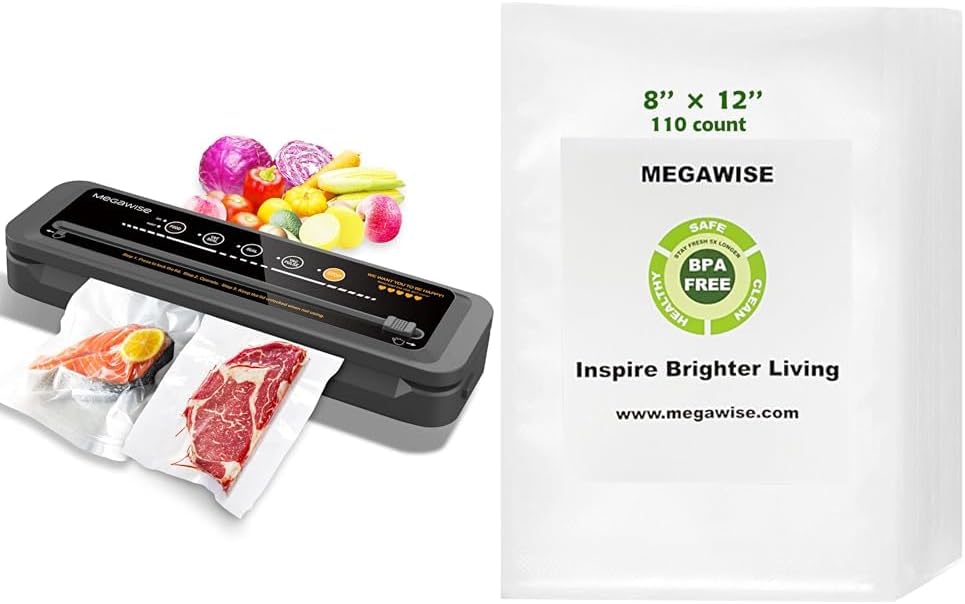 MegaWise Vacuum Sealer Machine | 80kPa Suction Power| Bags and Cutter Included & Vacuum Sealer Bags (8''x 12''-110pcs)
