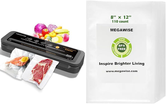MegaWise Vacuum Sealer Machine | 80kPa Suction Power| Bags and Cutter Included & Vacuum Sealer Bags (8''x 12''-110pcs)