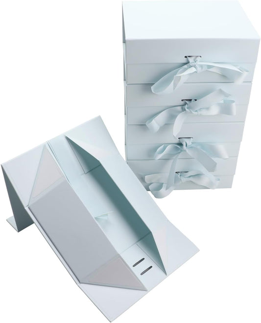 Light Blue Gift Boxes 8.7x6.5x3.5 Inches with Ribbon Foldable Set of 5 Glossy Finish Magnetic Gift Boxes for Luxury Presentations and Groomsmen Proposal