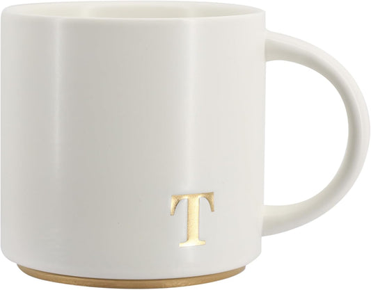 COLLECTIVE HOME - Monogram Ceramic Mugs, 15 oz Golden Initial Coffee Cups, Elegant Capital Alphabet Tea Mugs, Elegant Personalized Mug with Gift Box, Luxurious Cups for Office and Home (T)