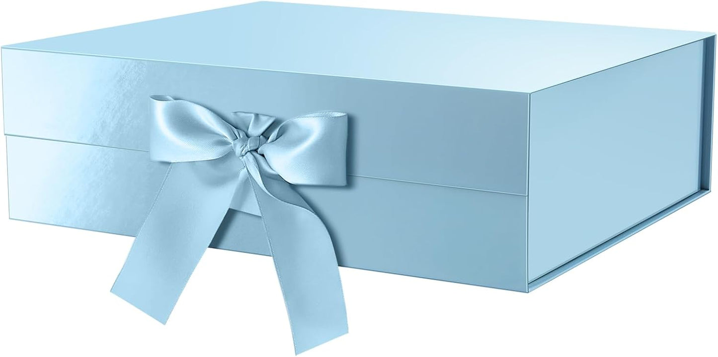 GREEN BEAN Extra Large Gift Box with Lid for Present 16.3x14.2x5 Inches, Fathers Day Baby Blue Magnetic Gift Box with Ribbon, for Clothes and Large Gifts (Glossy Baby Blue)