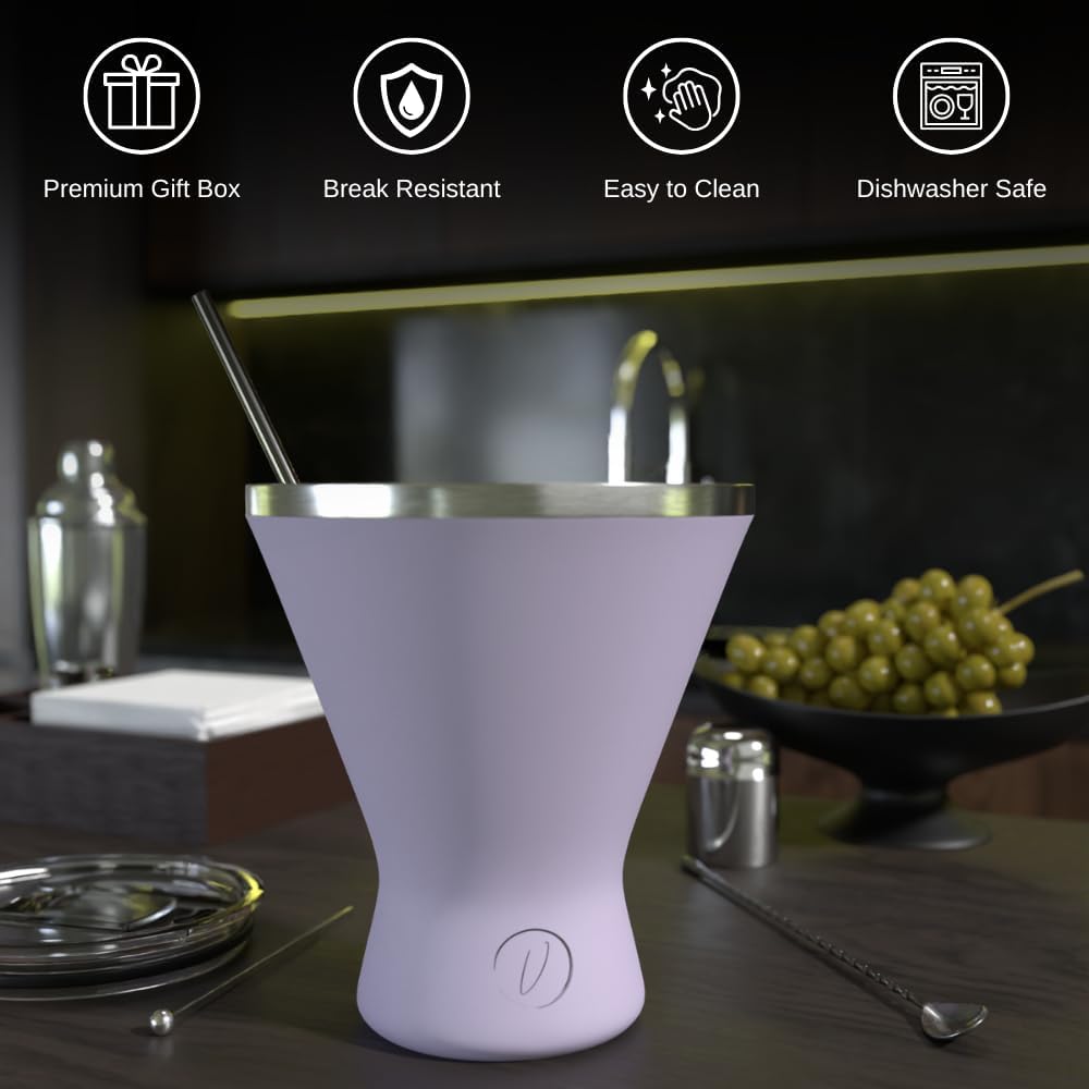 Stainless Steel Martini Glass [Pack of 1] – 10oz, Lilac, Powder Coated, No Sweat, Double Wall Margarita Cup with Lid | Ideal for Mother's Day Gift