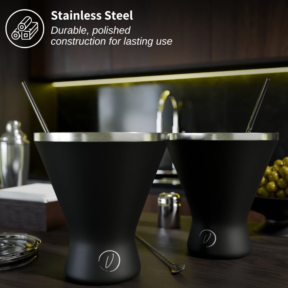 Stainless Steel Martini Glass [Pack of 2] – 10oz Black, Powder Coated, No Sweat, Double Wall Margarita Tumbler for Cocktails and Cold Drinks | Perfect for Mother's Day Gift