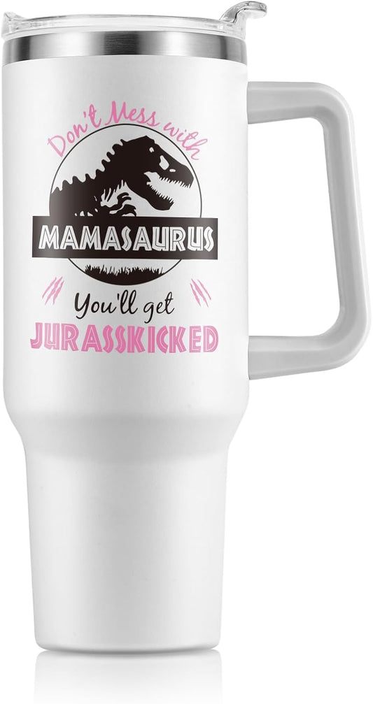 NOWWISH Gifts for Mom, Mamasaurus Mom Coffee Tumbler, Birthday Gifts for Mom Women Mother-in-Law Wife New Mom, Mothers Day Gift from Daughter - White 40 Oz