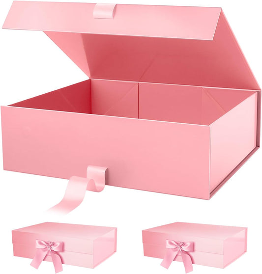 PACKHOME 17x14.5x5.5 Inches, 3 Extra Large Gift Boxes with Lids, Magnetic Closure Boxes with Ribbon for Clothes and Large Gifts (Glossy Pink)