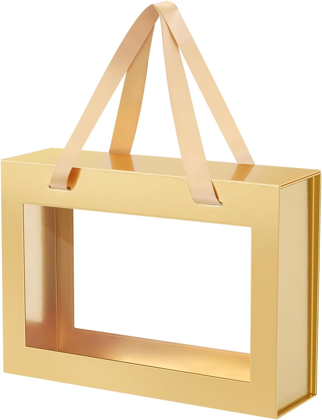 Gold Gift Box with Window, Gift Box with Lid and Handle, Clear Magnetic Gift Box for Present, Bridesmaid Proposal Box (10.5x7.5x3 Inches