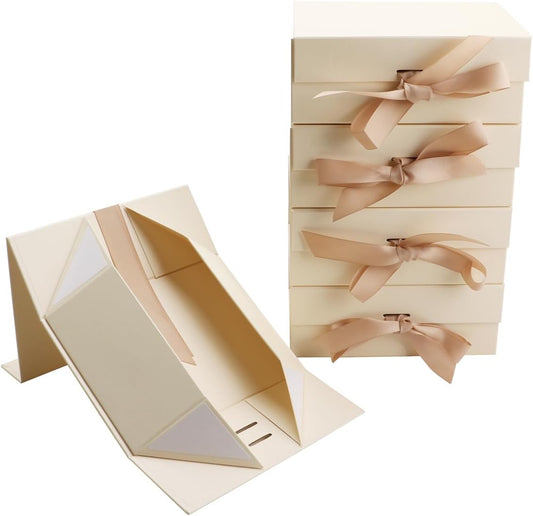 Light yellow Gift Boxes 8.7x6.5x3.5 Inches with Ribbon Foldable Boxes Set of 5 Glossy Finish Magnetic Gift Boxes for Luxury Presentations and Groomsmen Proposal