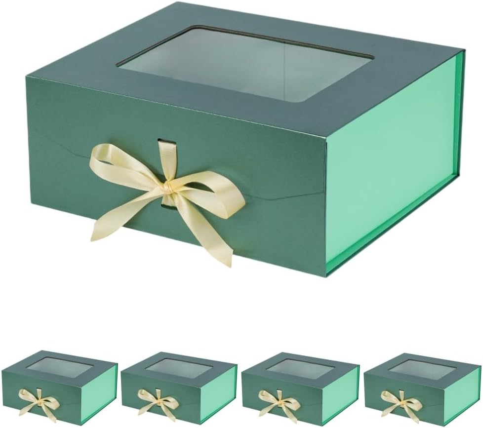 5 Pcs Green Gift Box for Presents with Ribbon 13.2x11x5.3 Inches Clear Gift Box with Window Magnetic Closure Gift Boxes with Lids