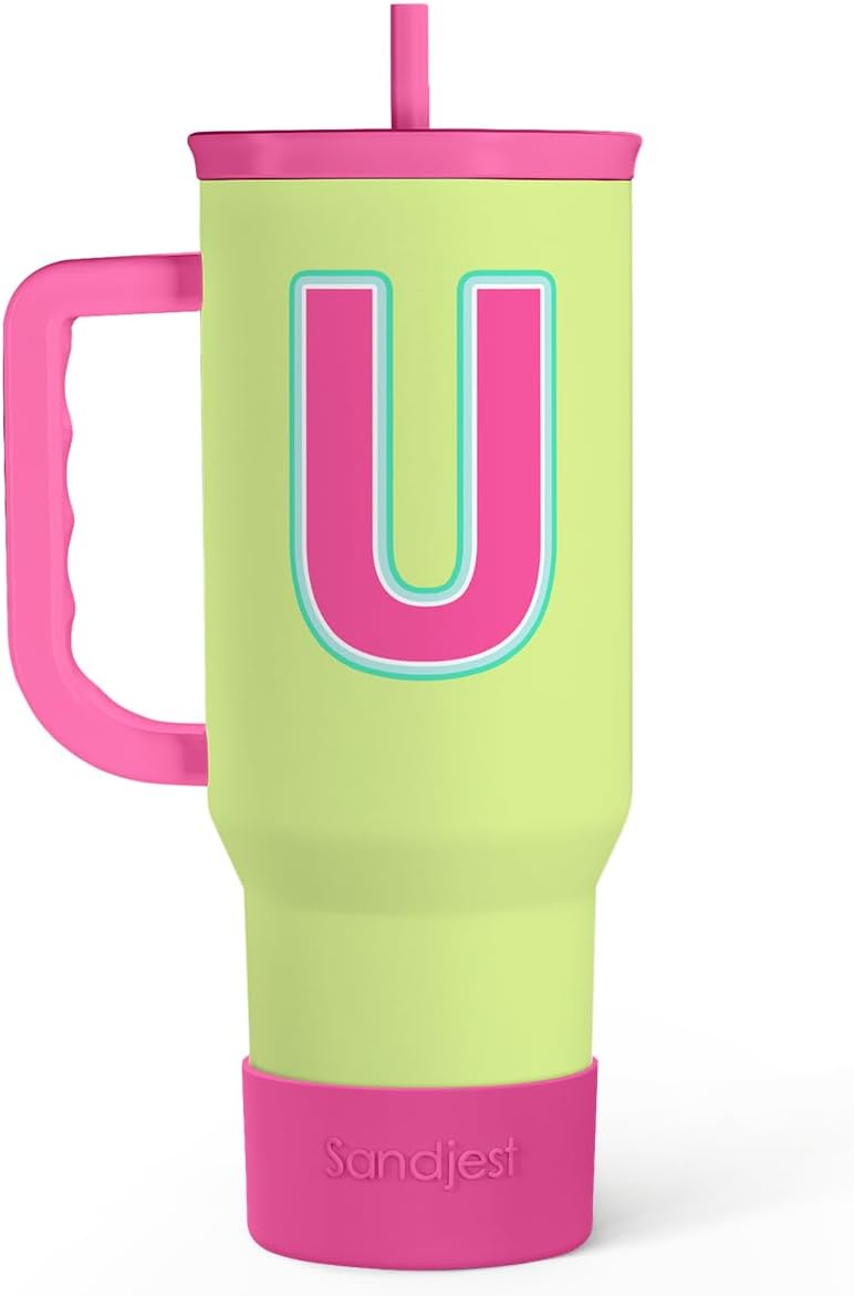SANDJEST Monogrammed Tumbler with Handle 40oz, Letter U Tumblers Coffee Travel Cup with Straw, Personalized Monogram Initial Gifts for Women Girls, Customized Gifts for Christmas Birthday Mothers Day