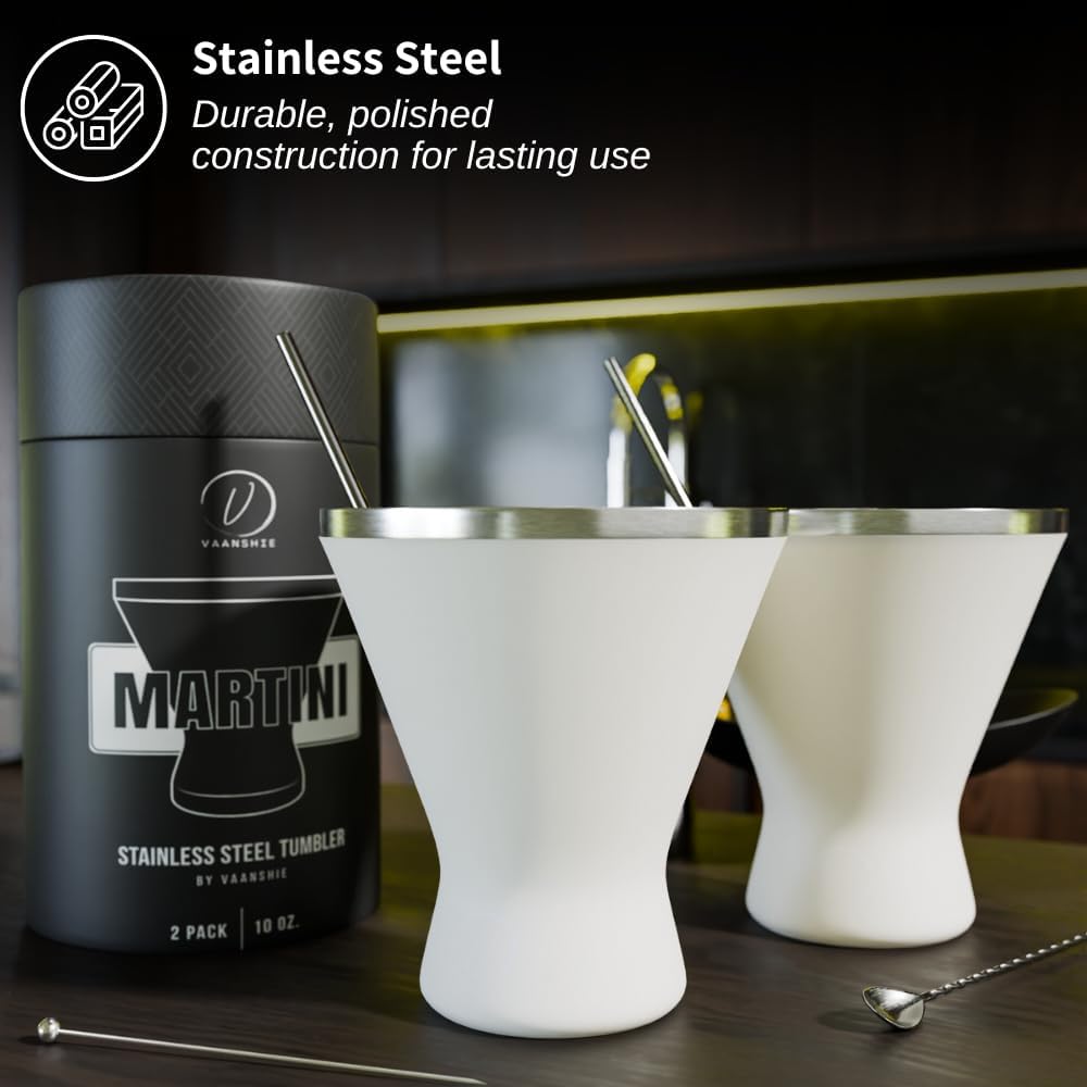Stainless Steel Martini Glass [Pack of 2] – 10oz Cream, Powder Coated, No Sweat, Double Wall Margarita Tumbler for Cocktails and Cold Drinks | Perfect for Mother's Day Gift
