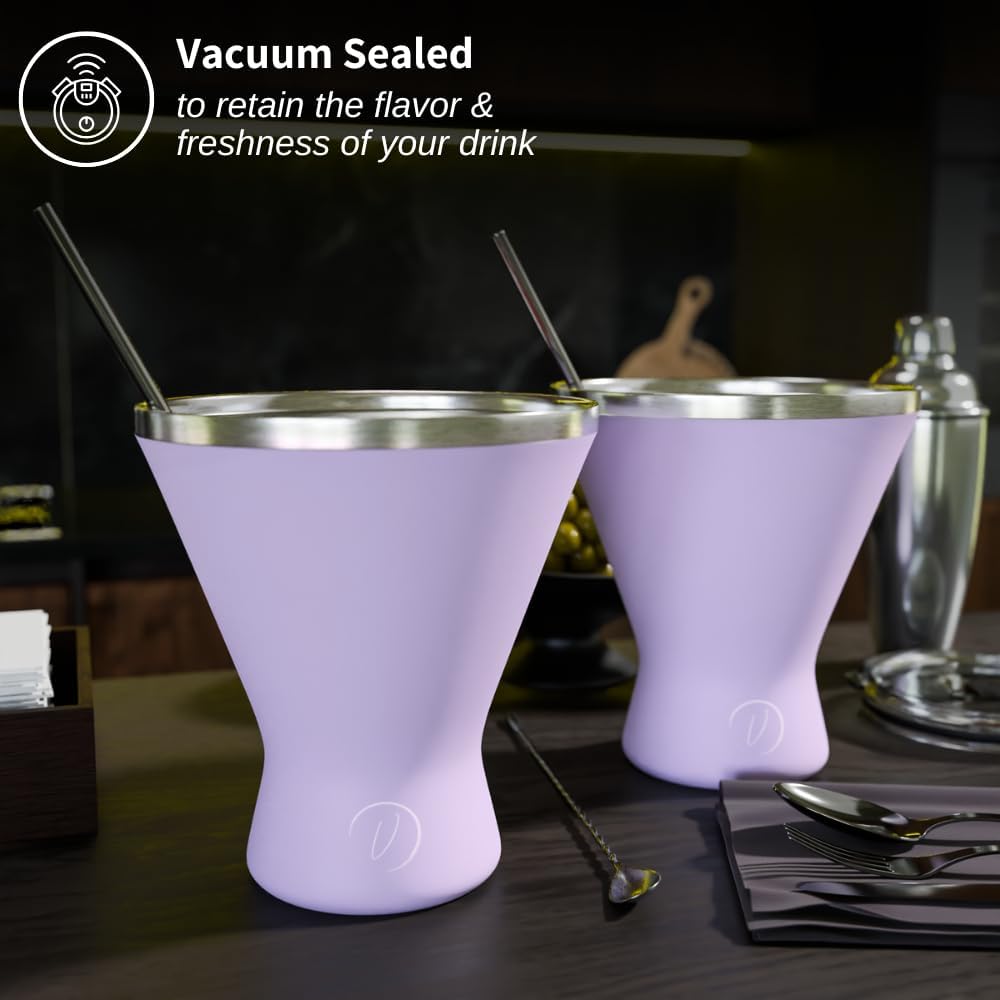 Stainless Steel Martini Glass [Pack of 2] – 10oz, Lilac, Powder Coated, No Sweat, Double Wall Margarita Cup with Lid | Ideal for Mother's Day Gift