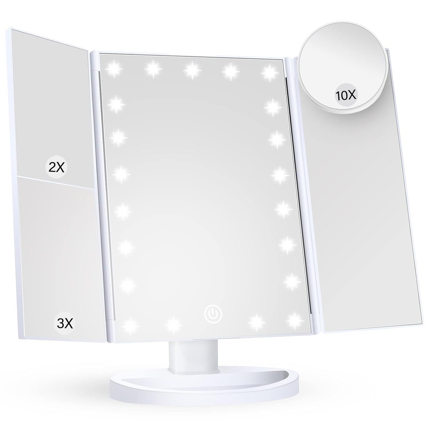 HUONUL Makeup Mirror Vanity Mirror with Lights, 2X, 3X, 10X Magnification, Touch Control, Trifold, White, 9.4" L x 13.4" W, Modern Style, Dresser Mount, Bathroom