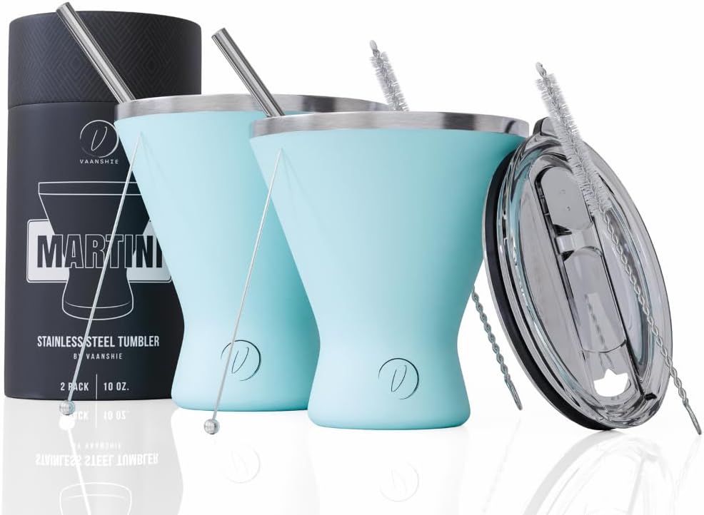 Stainless Steel Martini Glass [Pack of 2] – 10oz, Blue, Powder Coated, No Sweat, Double Wall Margarita Tumbler for Cocktails and Cold Drinks | Ideal for Mother's Day Gift