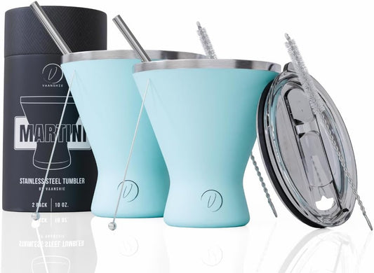 Stainless Steel Martini Glass [Pack of 2] – 10oz, Blue, Powder Coated, No Sweat, Double Wall Margarita Tumbler for Cocktails and Cold Drinks | Ideal for Mother's Day Gift