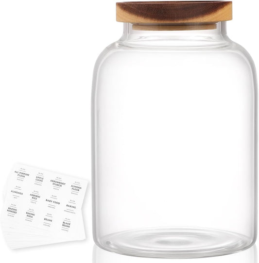 High Borosilicate Glass Jar with Airtight Acacia Lid and 132 Kitchen Panty Labels Preprinted - 67 Fl Oz Thicken Glass Food Storage Container Canister for Coffee, Brown Sugar, Candy, Cookie, Cereal