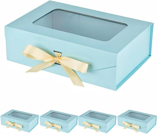 5 Pcs Blue Gift Box for Presents with Ribbon 10.8x7.5x3.5 Inches Clear Gift Box with Window Magnetic Closure Gift Boxes with Lids