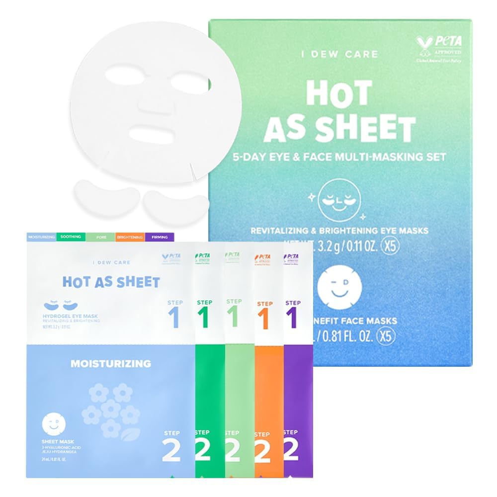 I DEW CARE Glass Skin Facial Sheet Mask Variety Pack – Hot as Sheet | 5 Days Face&Eye Masks Set, Moisturizing Face Masks Skincare, Korean Face Mask, Hydrating Collagen Face Mask, Soothing, 5EA