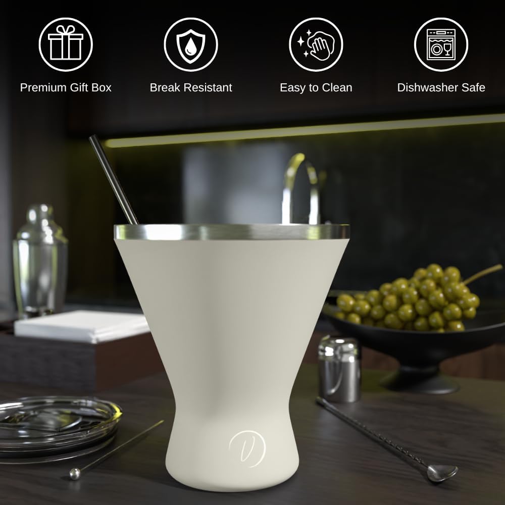 Stainless Steel Martini Glass [Pack of 1] – 10oz, Cream, Powder Coated, No Sweat, Double Wall Margarita Cup with Lid | Ideal for Mother's Day Gift