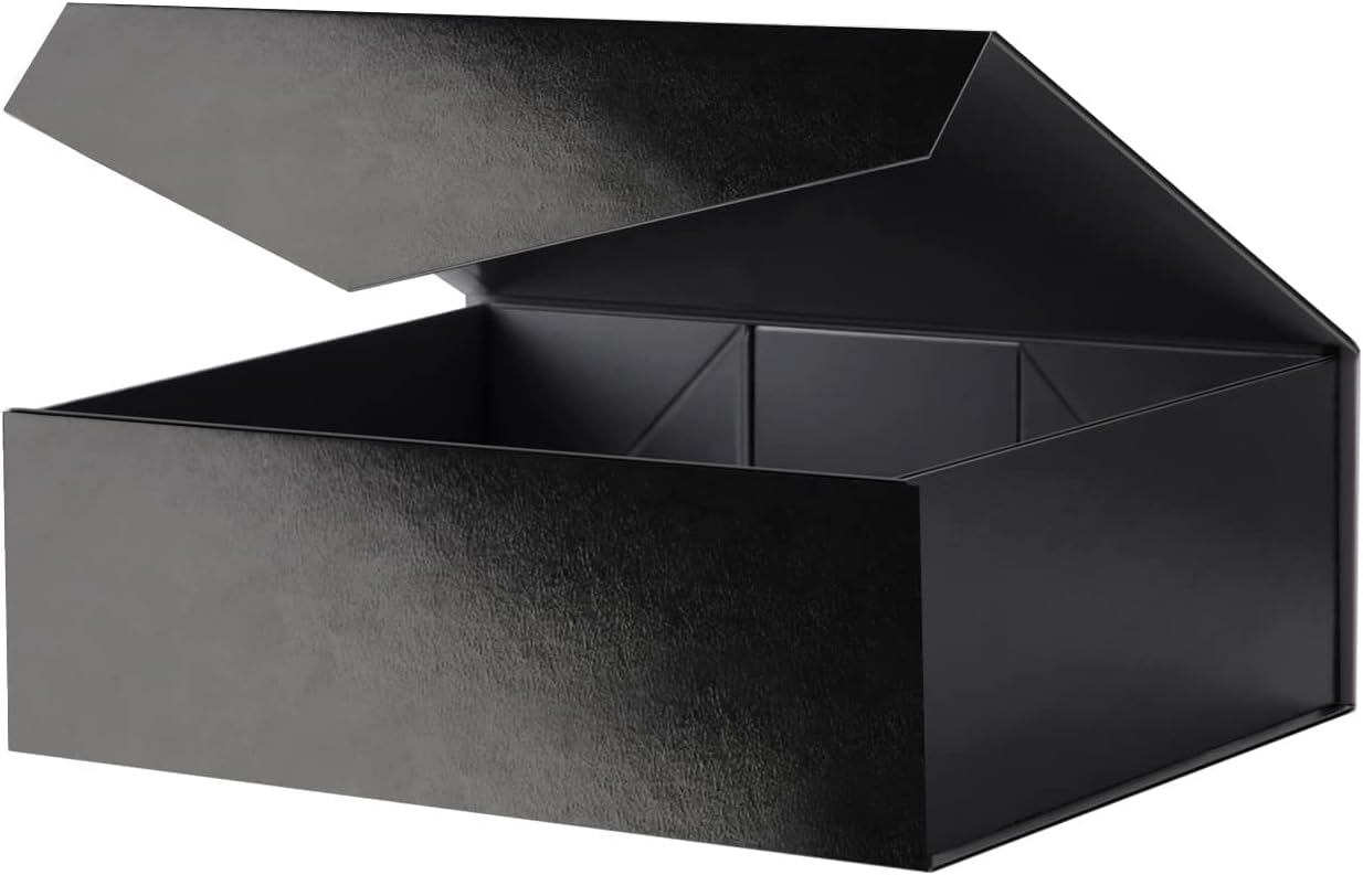Large Black Collapsible Gift Box with Magnetic Closure Lid 13.5x9x4.1 Inches, Groomsman Proposal Box, Rectangle Present Box (Glossy Black, 1 Pack)
