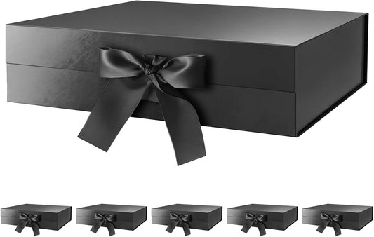 GREEN BEAN 6 Large Gift Boxes with Lids for Presents 13x9.7x3.4 Inches, Black Magnetic Gift Boxes with Ribbon, Groomsmen Proposal Box, Luxury Gift Boxes (Glossy Black)