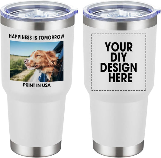 Personalized Custom Tumbler Print in USA 30oz Stainless Steel Coffee Cup with Lid & Straw Double Wall Insulated Tumbler with Colorful Text Logo Photo