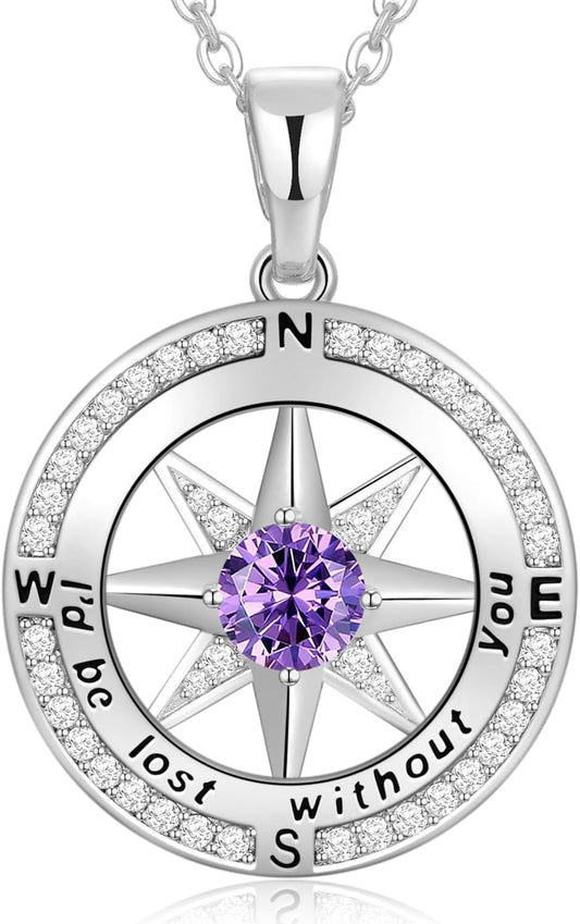 Peeshow Gifts for Women Wife-Compass Birthstone Necklace Gift for Wife Birthday Wedding Anniversary Women Jewelry for Her Girlfriend S925 Sterling Silver