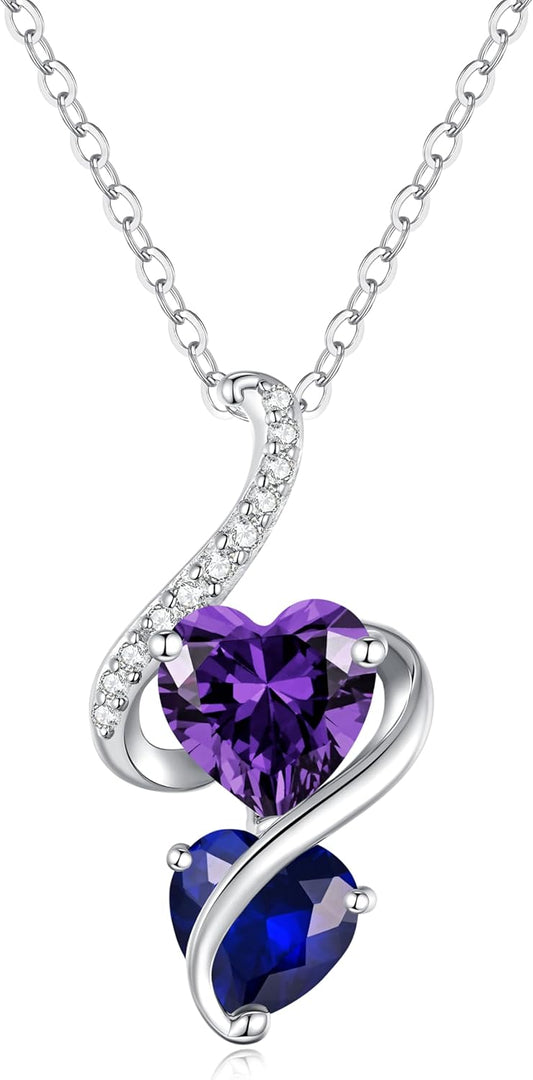 LOUISA SECRET Unique Double Heart Necklace Gifts for Wife Women, 925 Sterling Silver Tiny Birthstone Pendant Jewelry Gift for Her Girlfriend Mom Valentine's Day Anniversary Mother's Day Birthdays & Christmas