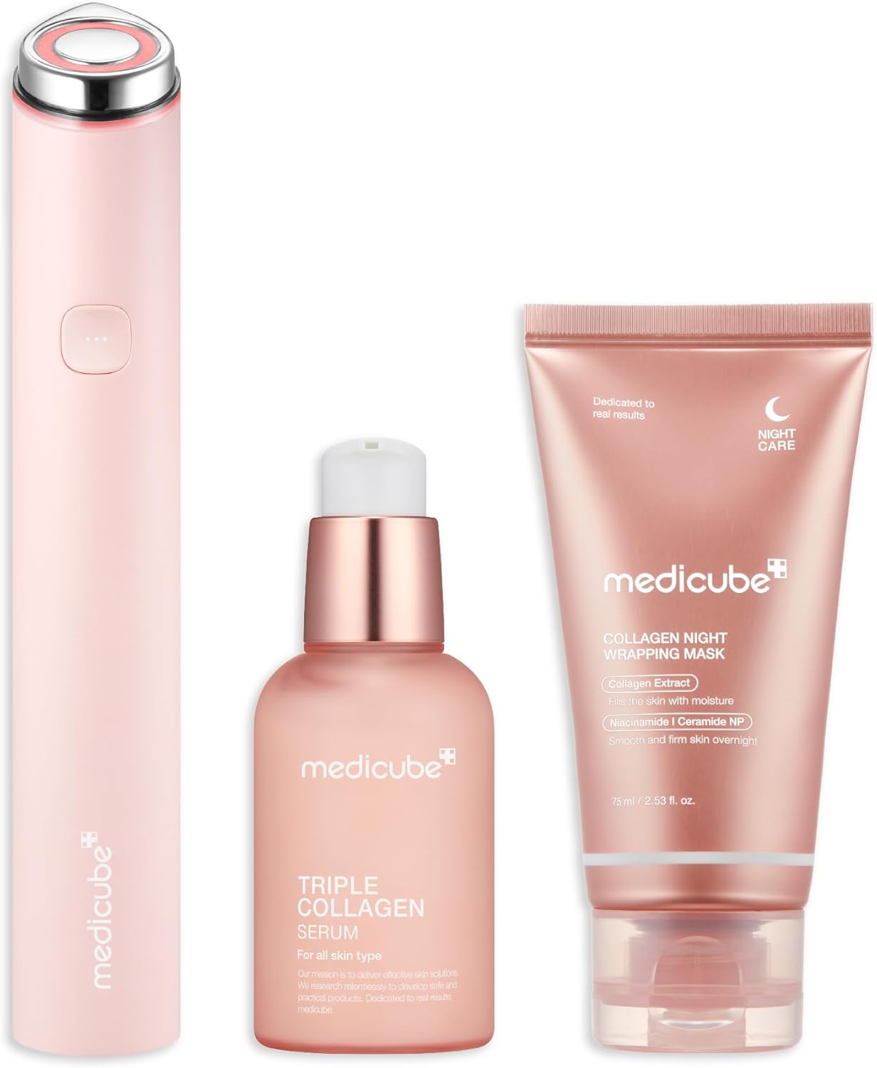 medicube Ultimate Pink Glow Skincare Trio: Mini Booster Pro Pink and Collagen Overnight Wrapping Peel Off Facial Mask Pack and Triple Collagen Serum 1.85 fl.oz (50ml)