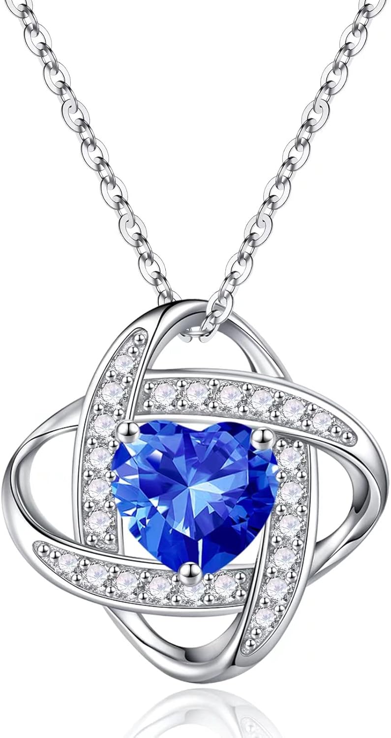 Iefil 925 Sterling Silver Love Knot Birthstone Necklace, Natural or Created Gemstone, Anniversary Birthday Gifts for Women, Jewelry Gifts for Wife Mom Girlfriend