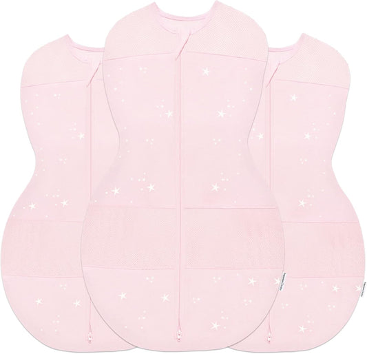 Happiest Baby Sleepea 5-Second Swaddle - 100% Organic Cotton Baby Swaddle Blanket - Doctor Designed Promotes Healthy Hip Development - 3-Pack Newborn Bundle (Rose Stars, 2 x Small, 1 x Medium)