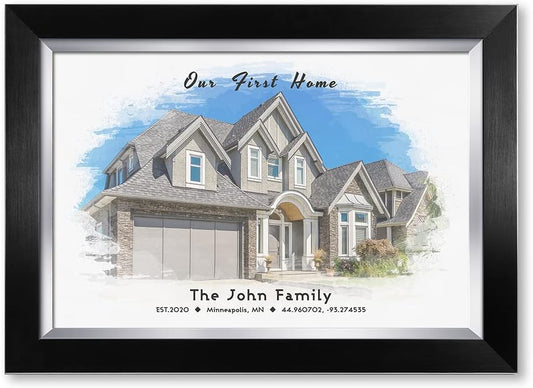 IPIC - Custom Watercolor House Portrait.Personalized Artwork with Names and Date on, Customized Gift for Anniversary,Wedding,Birthday and Holidays. Picture size: 18x12, Framed Size: 21x15