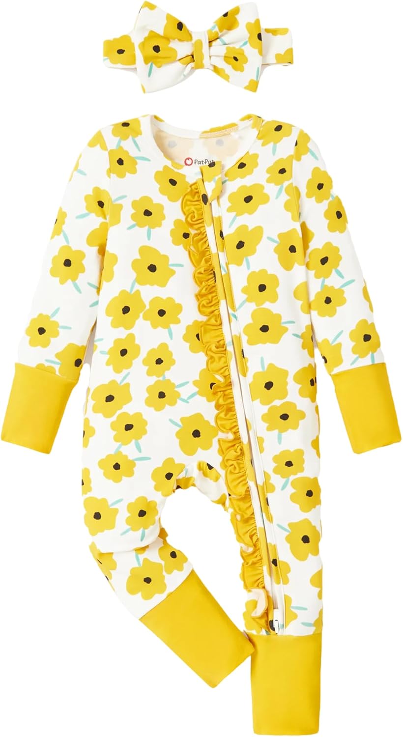 PATPAT Baby Footie Girls - Supersoft Bamboo Viscose - Unisex Infant Clothes - 2 Way Zipper & Mitten & Ruffle Trim & Headband