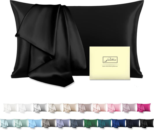 Mulberry Silk Pillowcase for Hair and Skin Pillow Case with Hidden Zipper Soft Breathable Smooth Cooling Silk Pillow Covers for Sleeping (Black, King（20"X 36"）)