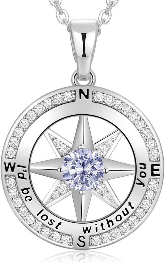 Peeshow Gifts for Women Wife-Compass Birthstone Necklace Gift for Wife Birthday Wedding Anniversary Women Jewelry for Her Girlfriend S925 Sterling Silver