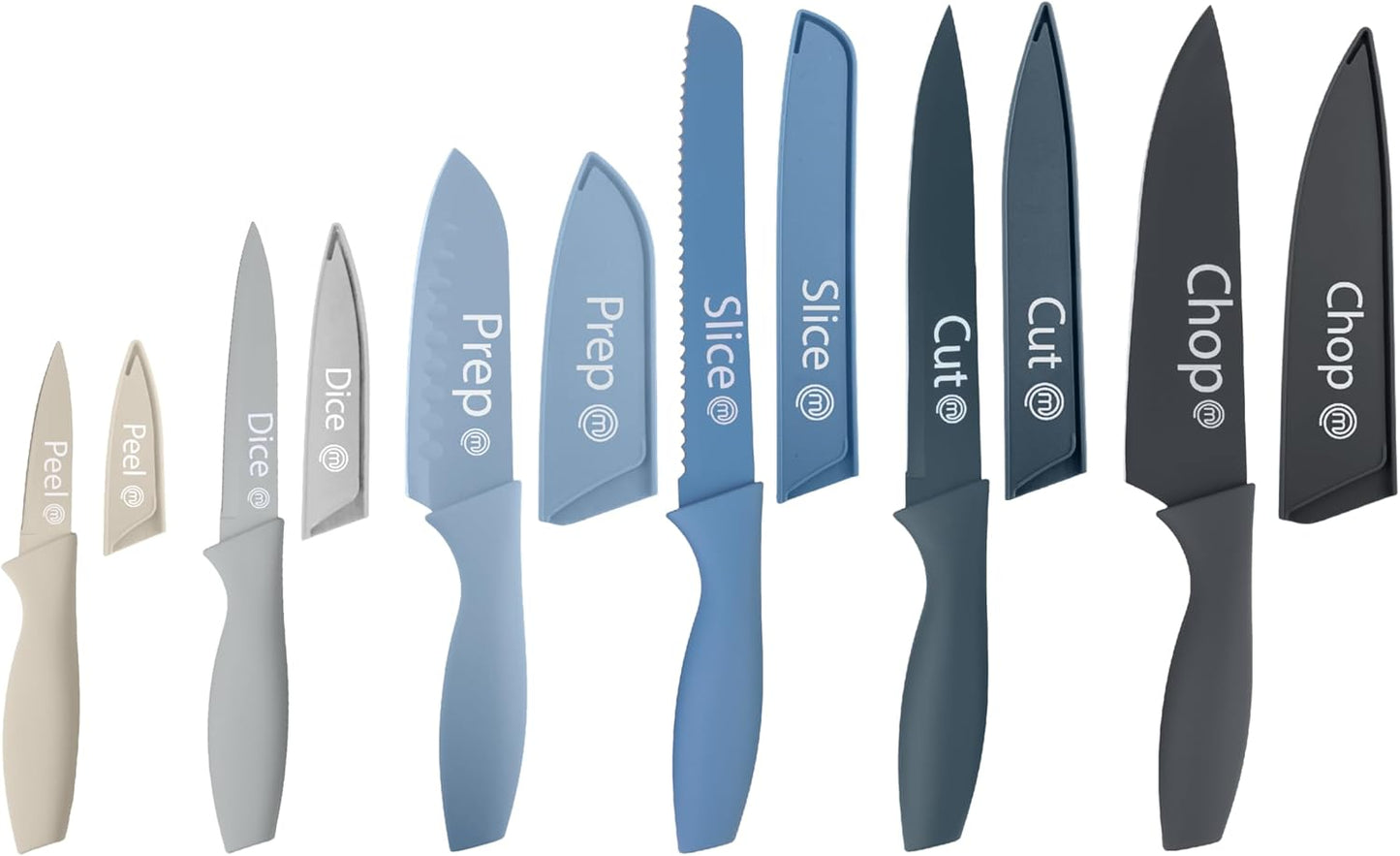 MasterChef Kitchen Knife Set with Covers, 6 Professional Chef Knives for Home Kitchens, Extra Sharp Cutting Stainless Steel Blades & Protective Sheaths, Soft-Touch Easy-Grip Handles, Nordic Blues