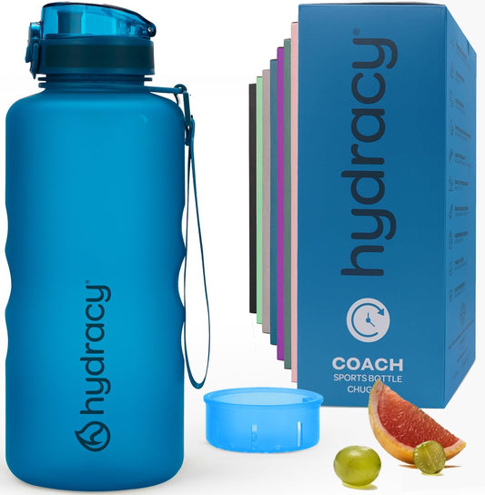 Hydracy Water Bottle with Time Marker -Large BPA Free Water Bottle & No Sweat Sleeve -Leak Proof Gym Bottle with Fruit Infuser Strainer & Times to Drink -Ideal for Fitness Sports & Outdoors