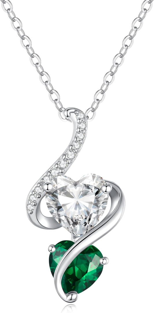 LOUISA SECRET Unique Double Heart Necklace Gifts for Wife Women, 925 Sterling Silver Tiny Birthstone Pendant Jewelry Gift for Her Girlfriend Mom Valentine's Day Anniversary Mother's Day Birthdays & Christmas