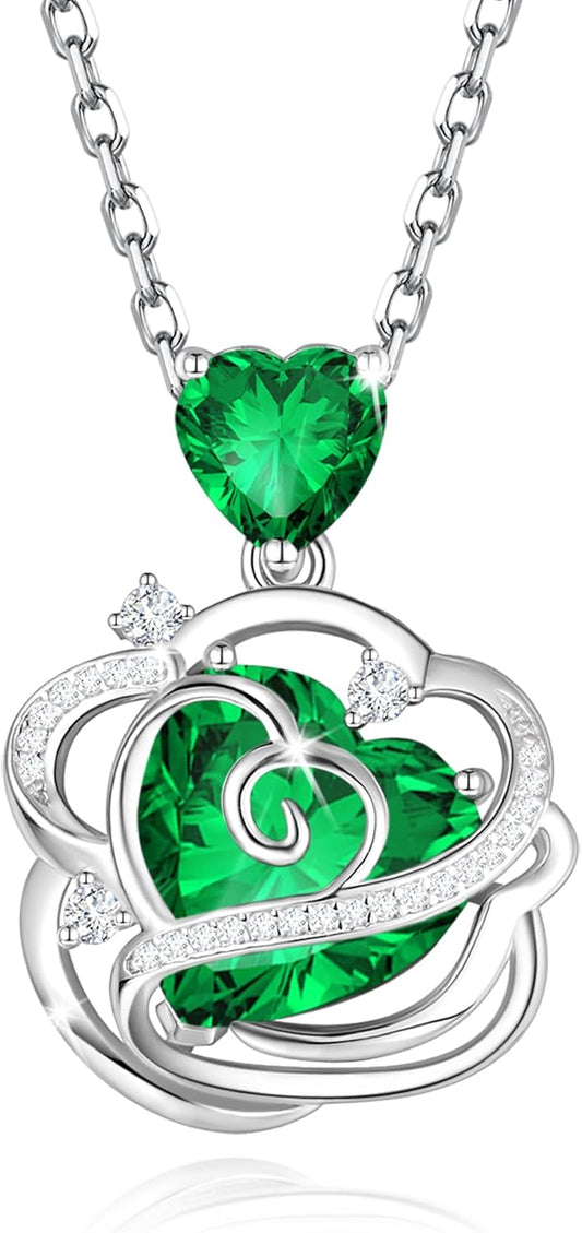 FANCIME Thornless Pulse Birthstone Necklace for Women Sterling Silver Rose Pendant Fine Jewelry Gemstone Birthday Christmas Gifts for Wife Her