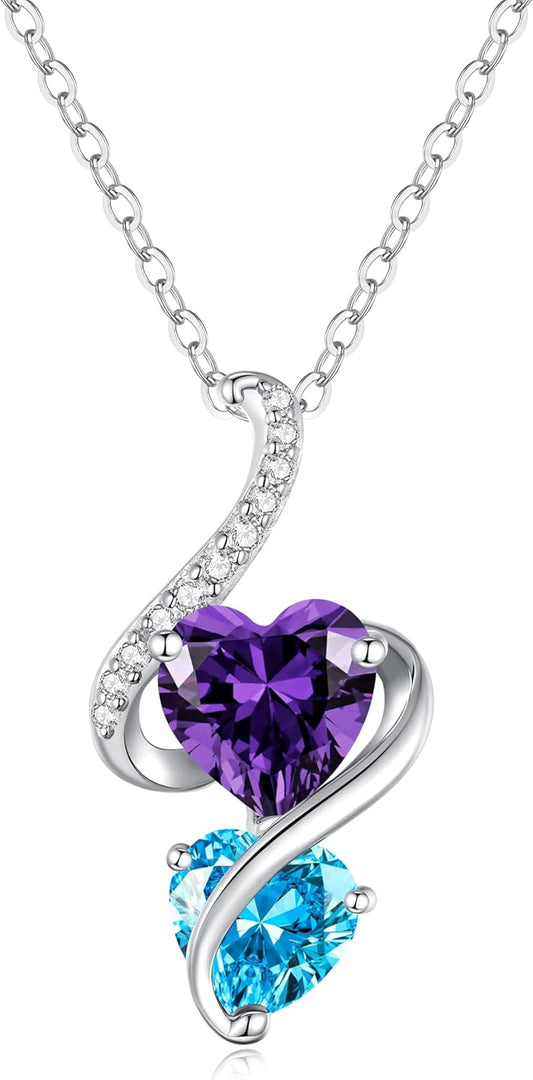 LOUISA SECRET Unique Double Heart Necklace Gifts for Wife Women, 925 Sterling Silver Tiny Birthstone Pendant Jewelry Gift for Her Girlfriend Mom Valentine's Day Anniversary Mother's Day Birthdays & Christmas
