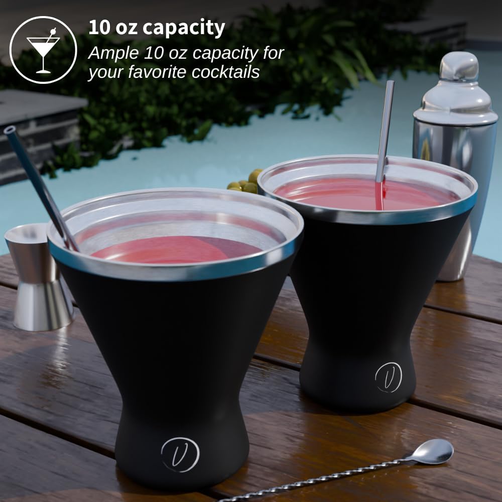 Stainless Steel Martini Glass [Pack of 2] – 10oz Black, Powder Coated, No Sweat, Double Wall Margarita Tumbler for Cocktails and Cold Drinks | Perfect for Mother's Day Gift