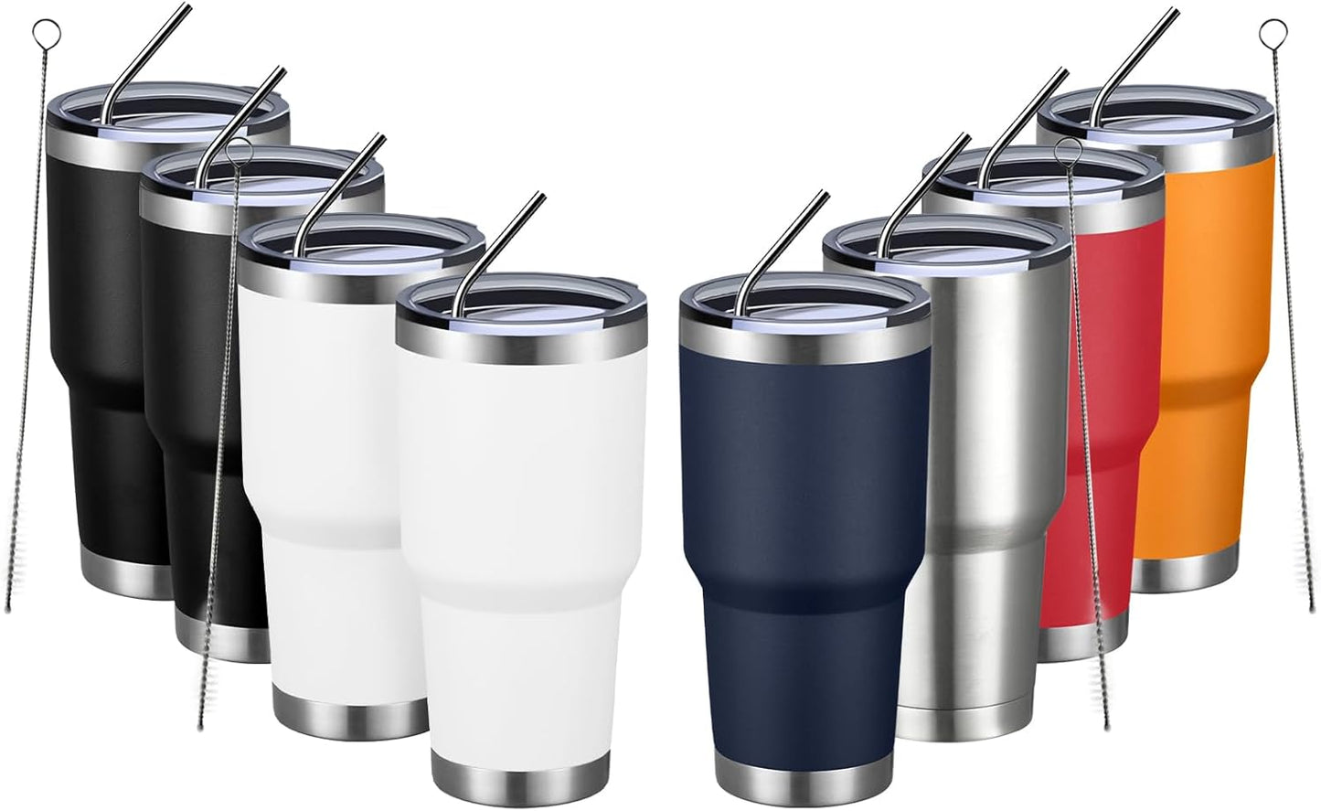 MEWAY 30oz Insulated Tumbler With Lids and Straws,Stainless Steel Double Vacuum Coffee Tumbler Cup, Brush, Durable Powder Coated Coffee Cup for Cold & Hot Drinks, Office, Travel(mixture,8 PACK)