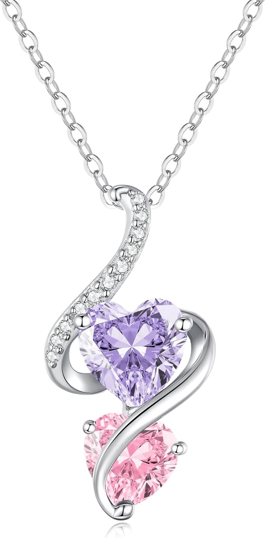 LOUISA SECRET Unique Double Heart Necklace Gifts for Wife Women, 925 Sterling Silver Tiny Birthstone Pendant Jewelry Gift for Her Girlfriend Mom Valentine's Day Anniversary Mother's Day Birthdays & Christmas
