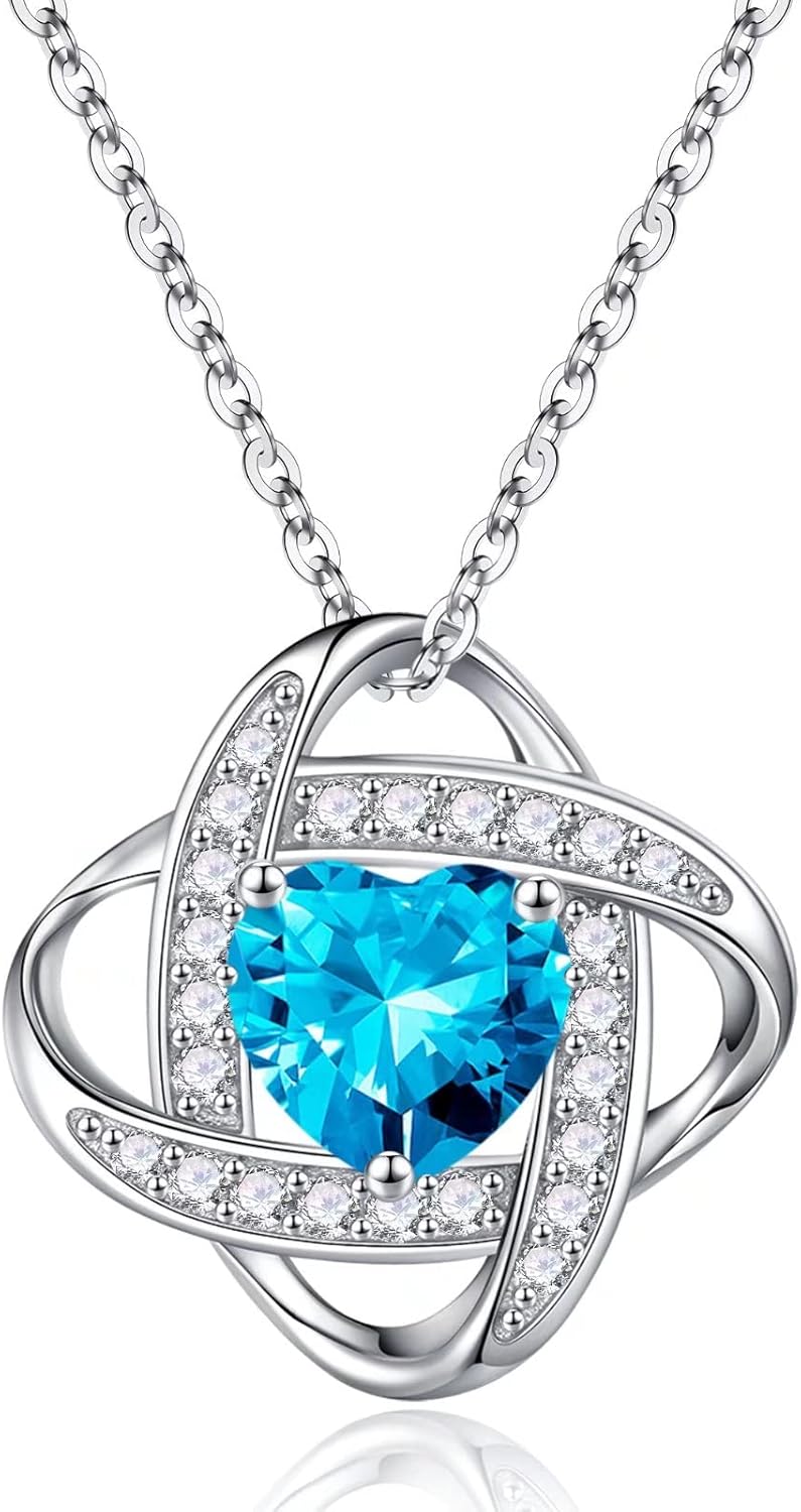 Iefil 925 Sterling Silver Love Knot Birthstone Necklace, Natural or Created Gemstone, Anniversary Birthday Gifts for Women, Jewelry Gifts for Wife Mom Girlfriend