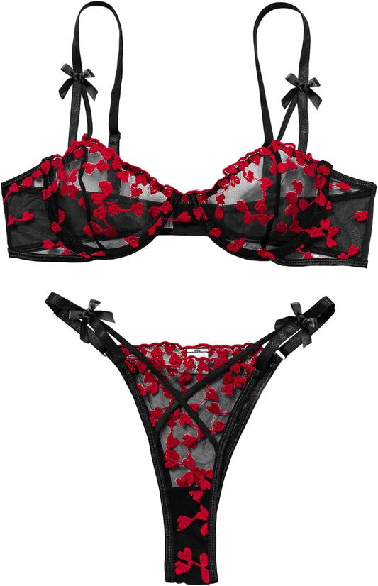 Lilosy Sexy Underwire Cute Push Up Strappy Embroidered Mesh Sheer Lingerie Set See Through Panty Bra