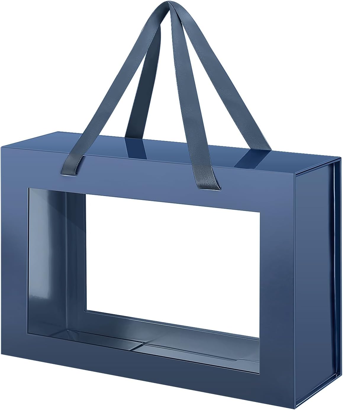 Large Navy Blue Clear Gift Box, 13.5x9x4.1 Inches Gift Box with Window by Handle, Groomsman Proposal Box, Collapsible Gift Box with Magnetic Closure (Glossy Navy Blue, 1 Pack)